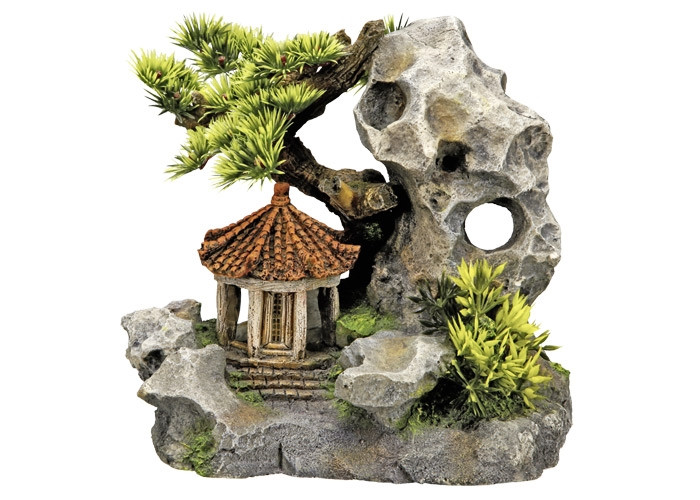 Aqua Ornamenten "TEMPLE ON CLIFF" met planten L19 x B13 x H17,2 cm 