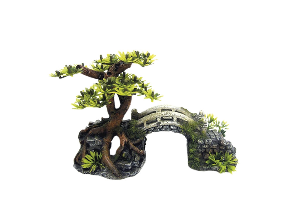 Aqua ornamenten "BRUG MET BONSAI" met planten 20,3 x 9,0 x 14,0 cm 
