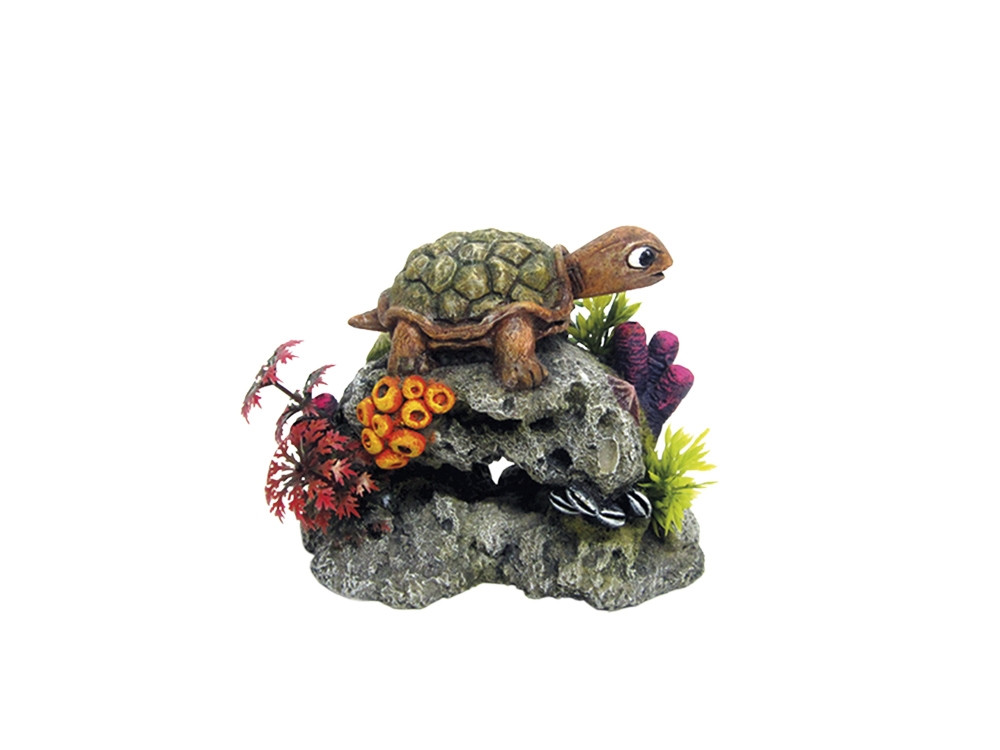 Aquaornamenten "TURTLE ON ROCK" met planten 13,5 x 8,5 x 10,7 cm 