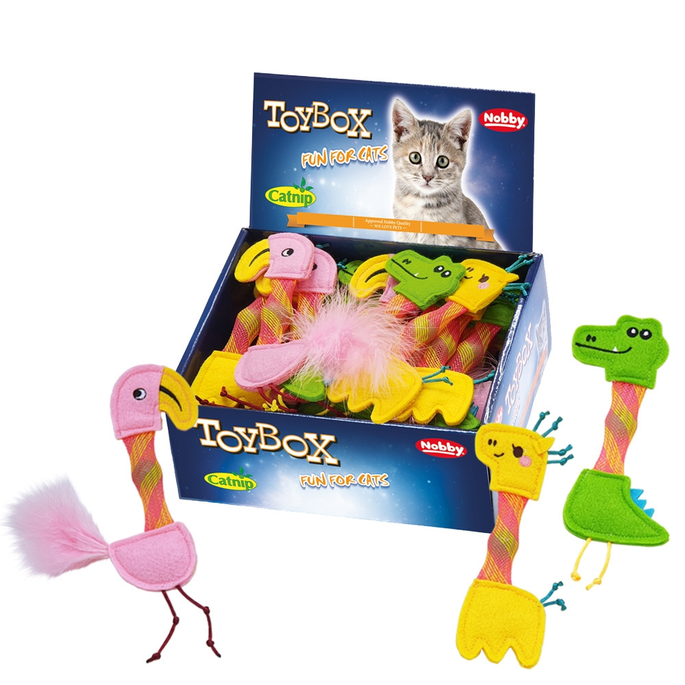 Dierentuindieren vilten met rammelaar, met kattenkruid