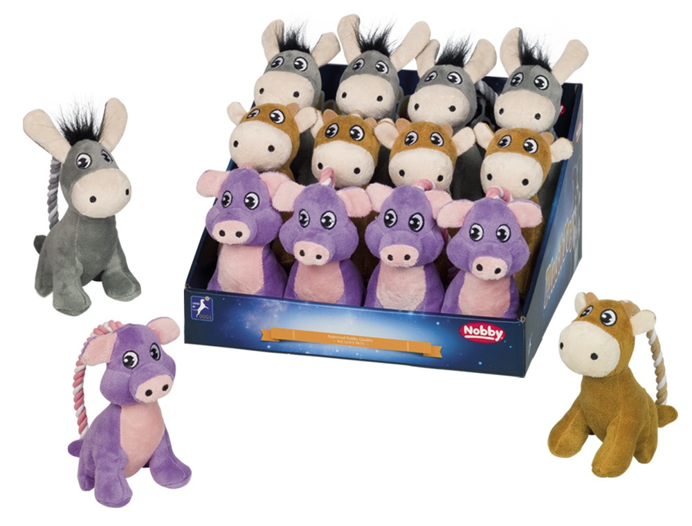 Knuffel met touw Ezel/Koe/Varken display 12 st, 14 cm 