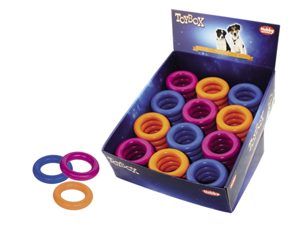Rubberen speelgoedring 9 cm; display 50 st. Mix kleuren