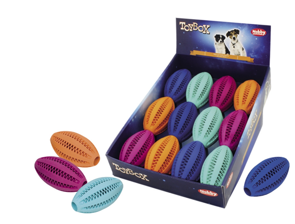 Rubberen tandheelkundige rugbybal 11 cm; display 12 st. Mix kleuren