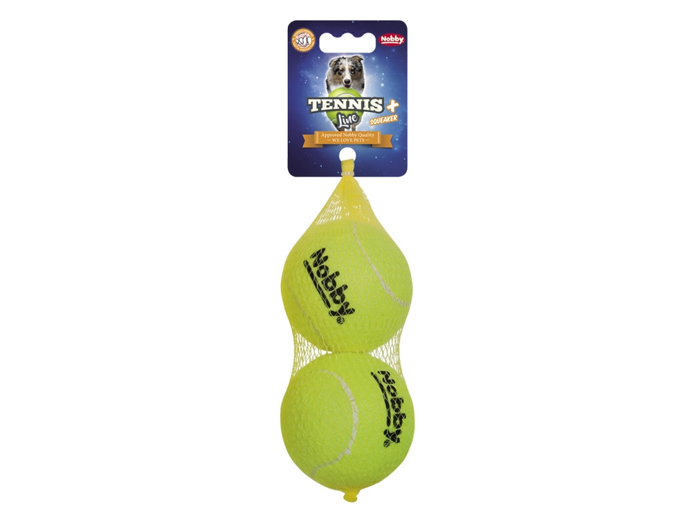 Tennisbal met pieper L 8,5 cm; Net of 2 st. 