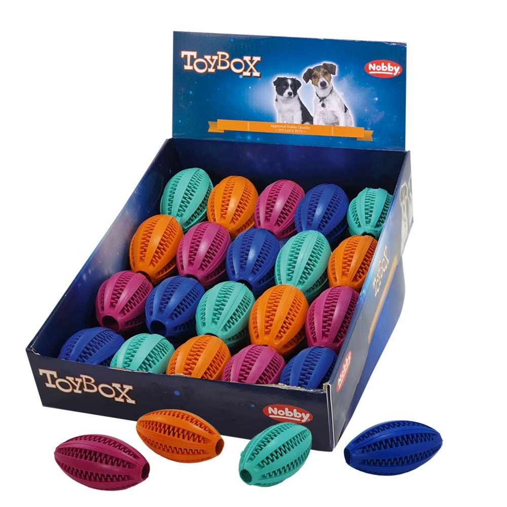 Rubberen tandheelkundige rugbybal display 20 st., 9 cm Mix kleuren