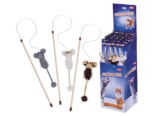 [NB66850] Pluche muis met rammelaar Display 24 st, stok 45 cm, wrist with toy 75 cm, toy 22 cm Mix kleuren