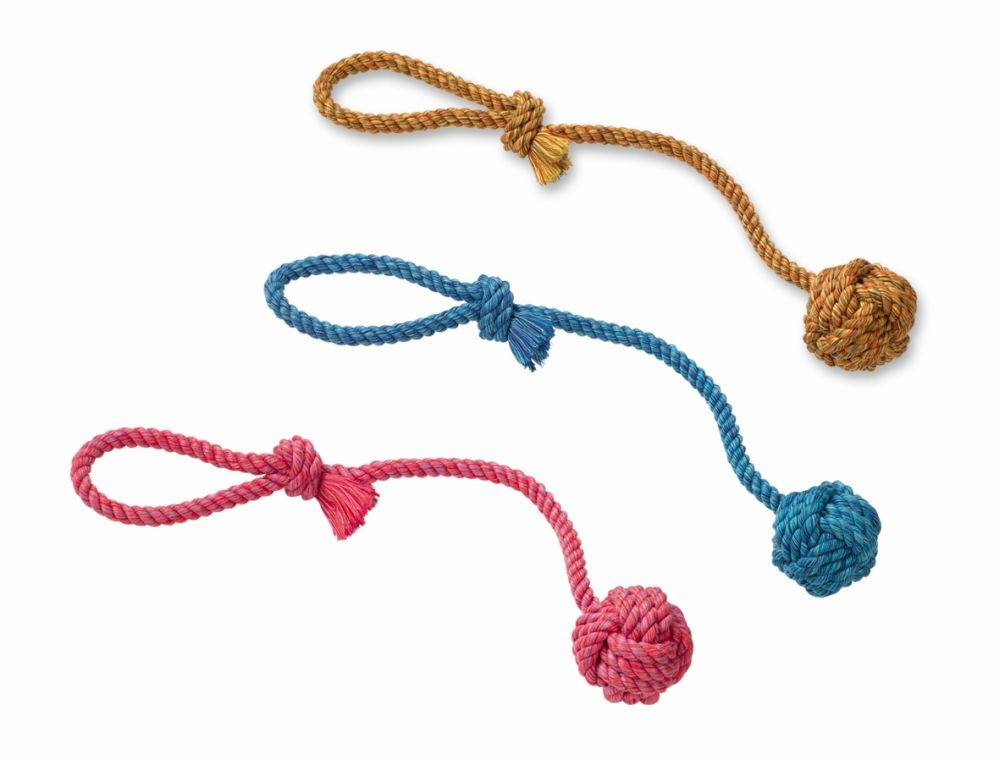 Touwspeelgoed, Touw met handlus 57 cm; 275 g; ball  8 cm ass. geel, rood, blauw