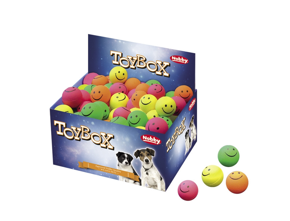 Schuimrubberen smileyballetjes 4,7 cm; display 72 st. Mix kleuren