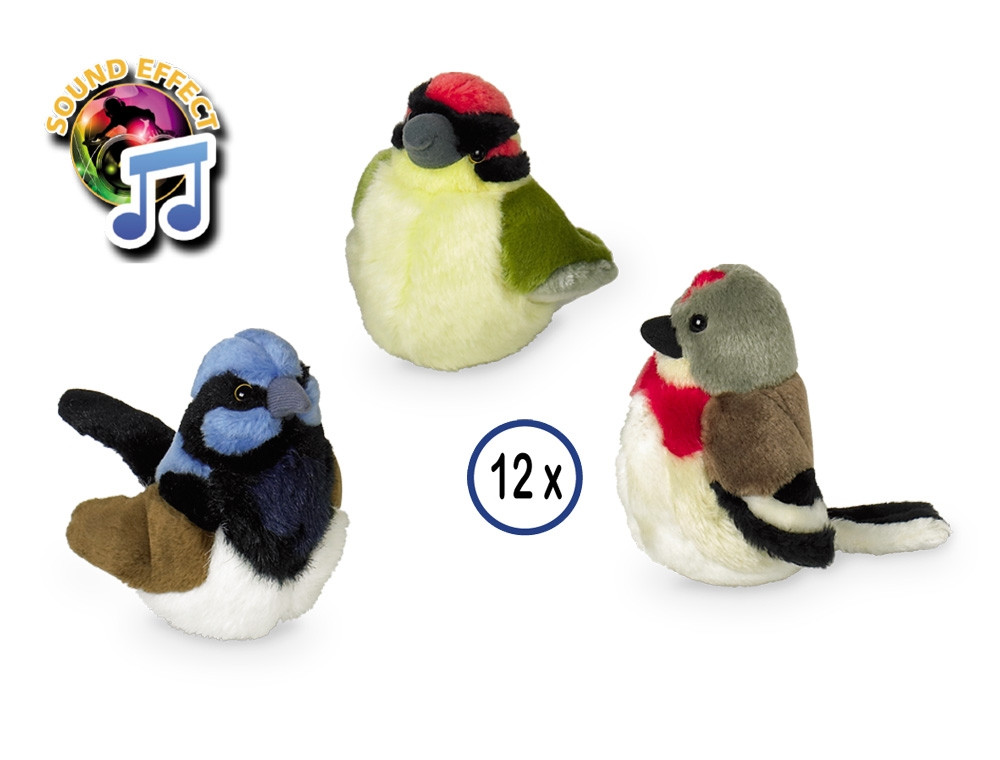 Pluche vogel met geluidschip strip 12 st; 17 cm 