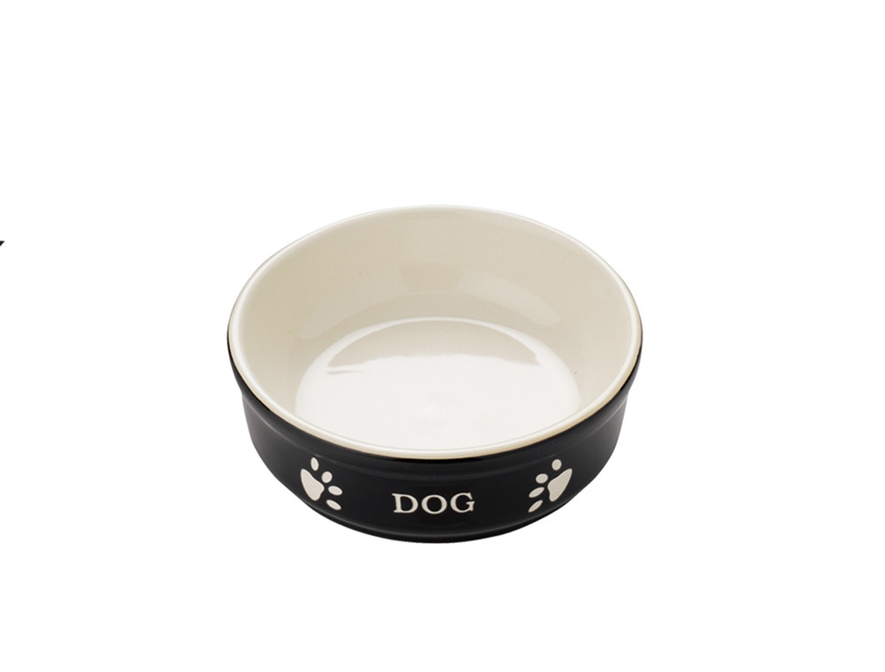 Hondenbak van keramiek "DOG" 12 X 12 X 3,7 cm; 130 ml zwart / beige
