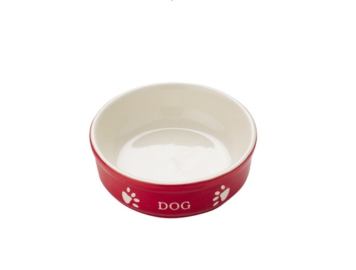 [NB68765] Hondenbak van keramiek "DOG" 12 X 12 X 3,7 cm; 130 ml rood / beige