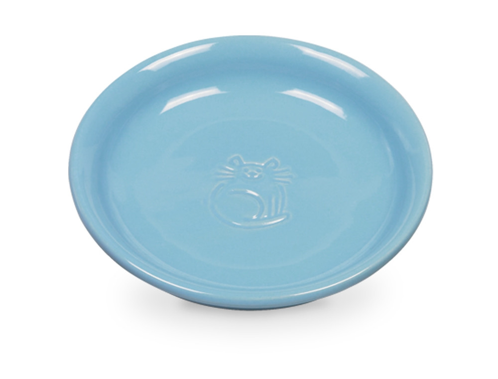 Kat keramische melkschaal 14 x 2 cm; 100 ml licht blauw