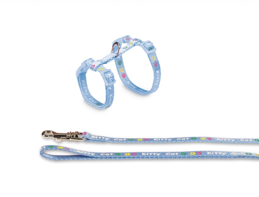 Set "Kat Kat" Riem: w: 8 mm, 120 cm; harnas: nek: 15-22 cm; borst: 20-32 cm licht blauw
